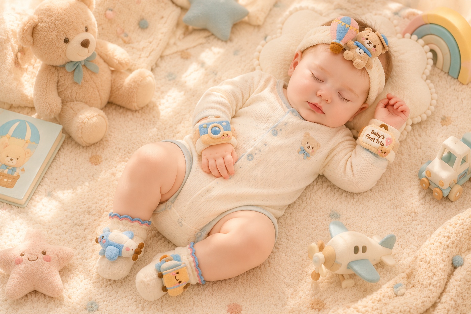 Wholesale Baby’s First Trip Plush Doll Headband Socks & Wristband Gift Set for Baby Boutiques