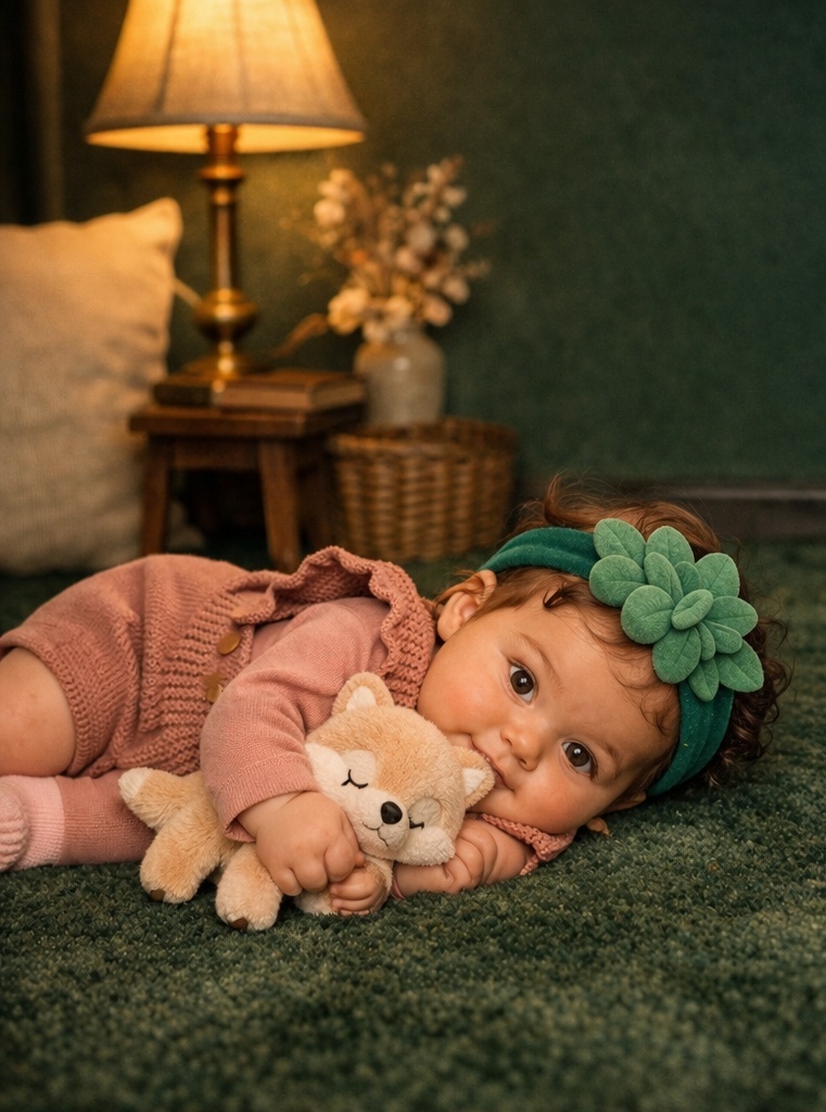 Faixa de bebê com arranjo de folhas de pelúcia para coleções botânicas e vitrines boutique de alto apelo