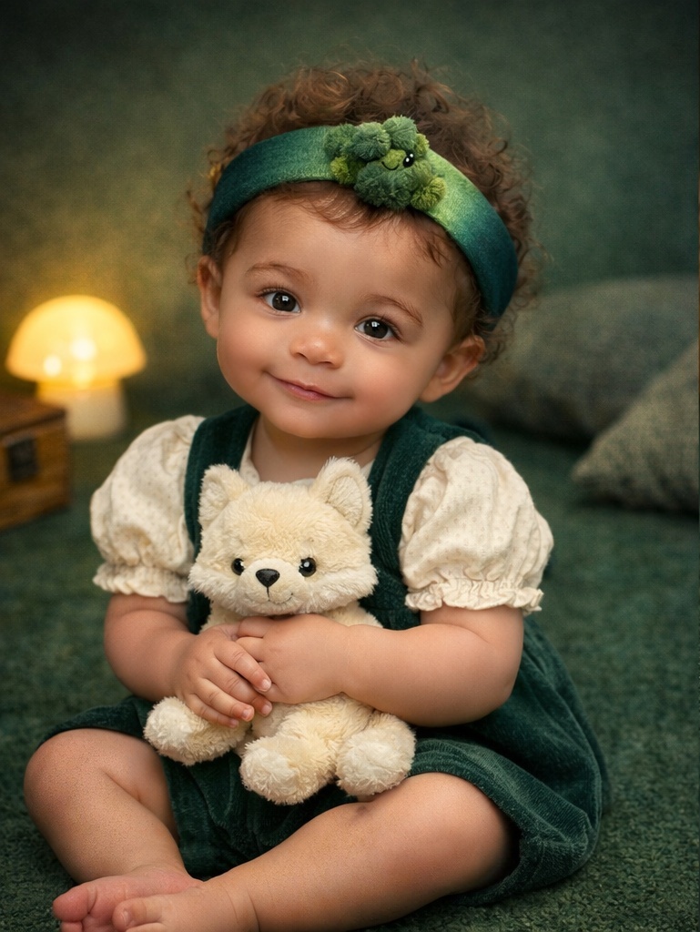Faixa de bebê de pelúcia com personagem musgo sorridente para clientes B2B que valorizam apelo visual e coleção natural