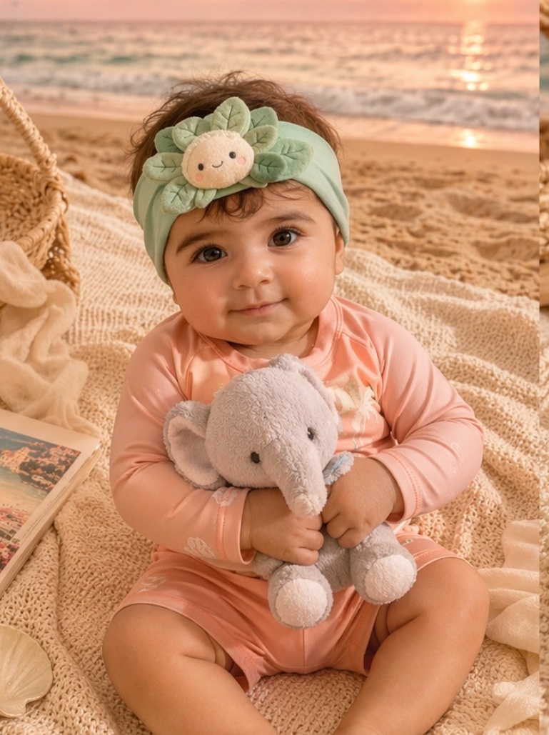 Baby-Headwrap mit Löwenzahn-Plüschblüte – weiche Bildsprache und starkes B2B-Geschenkpotenzial