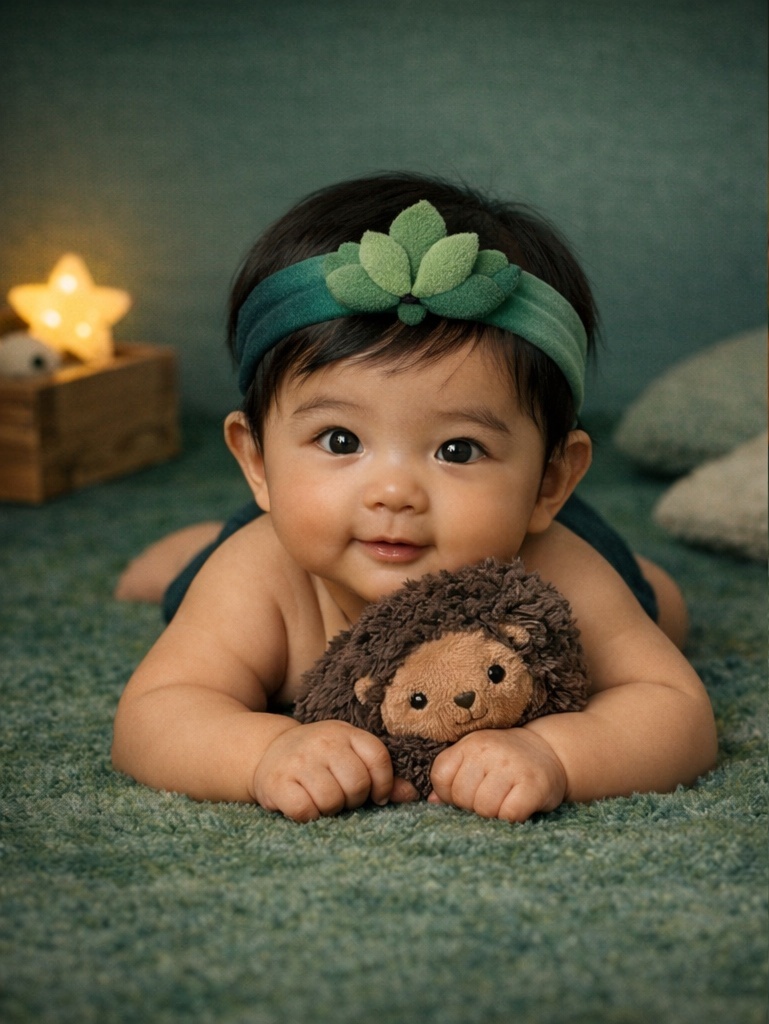 Bandeau bébé en peluche avec bouquet de feuilles botaniques pour acheteurs B2B recherchant douceur naturelle et style boutique