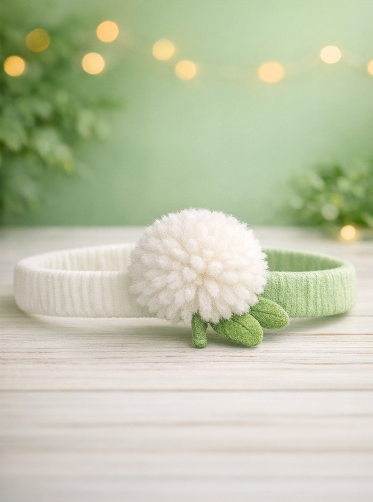 Feines Baby-Stirnband mit weißer Pompom-Blüte für sanfte Geschenk- und Boutiquekollektionen