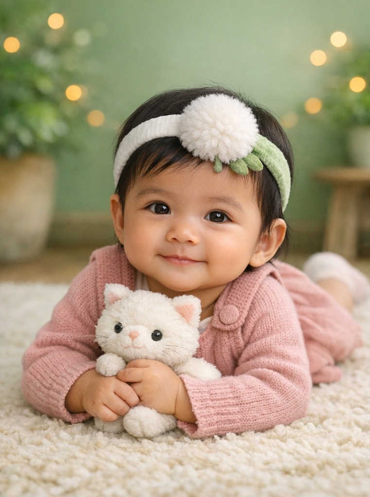 Feines Baby-Stirnband mit weißer Pompom-Blüte für sanfte Geschenk- und Boutiquekollektionen