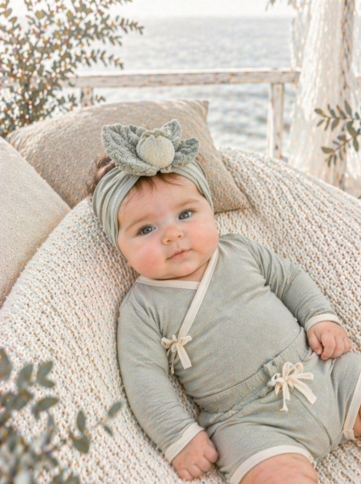 OEM Soft Green Floral Bud Baby Headband for Newborn Photography and Gift Programs