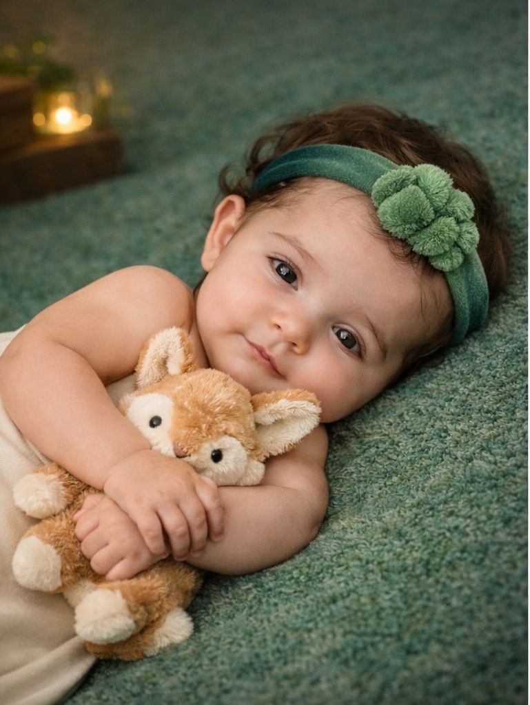Faixa de bebê de pelúcia com pompom botânico para clientes B2B que valorizam apelo visual e coleção natural