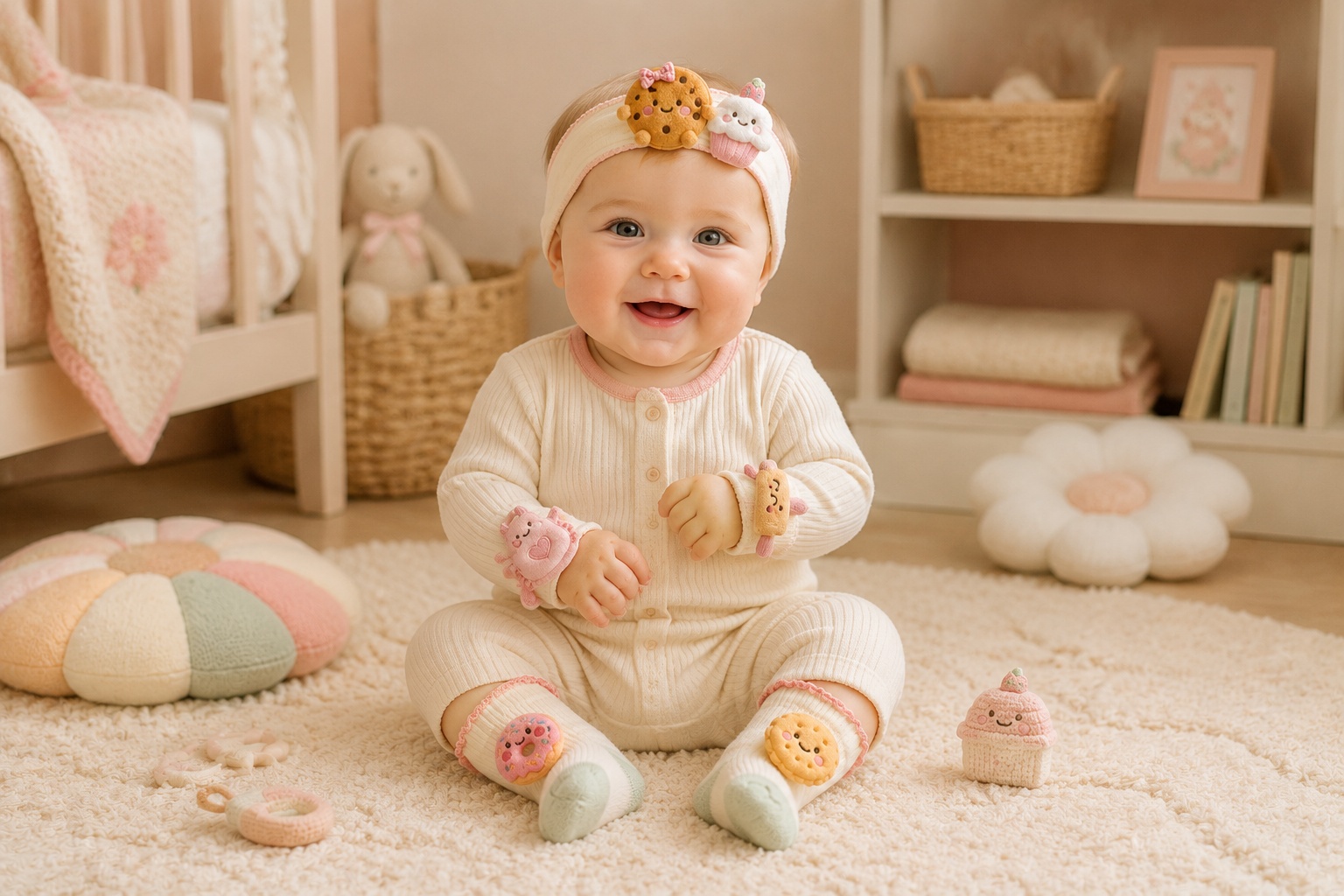 Wholesale Gift-Ready Baby Plush Doll Headband, Socks & Wristband Set with Removable Dessert Charms