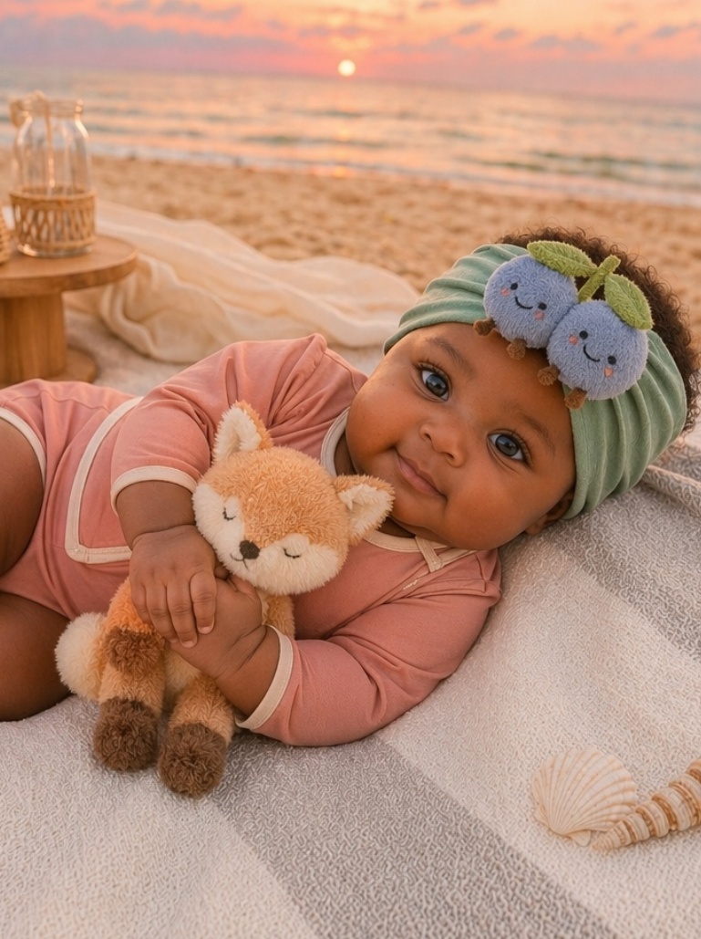 Baby-Headwrap mit Doppel-Blaubeer-Plüschfigur – hoher Wiedererkennungswert und B2B-Kollektionseffekt