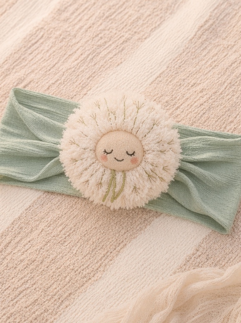 Bandeau bébé fleur de pissenlit endormie en peluche – douceur visuelle et valeur cadeau B2B