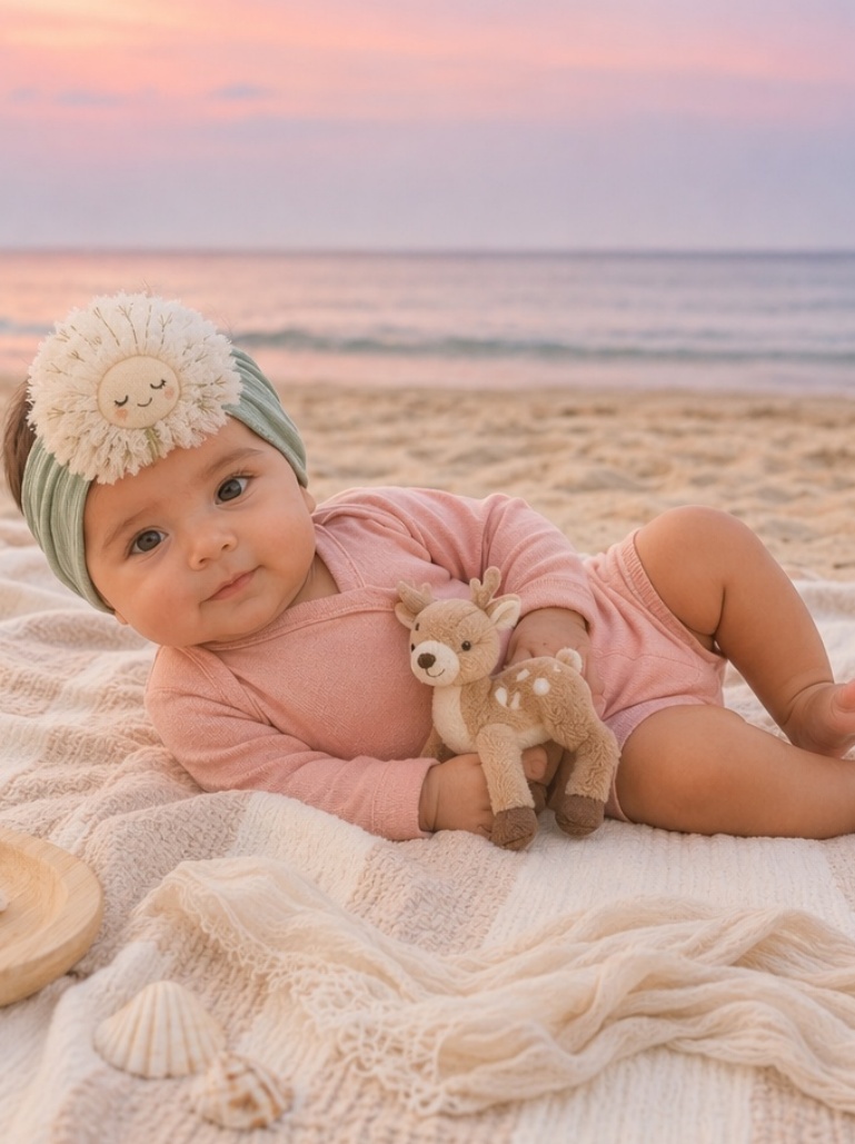 Bandeau bébé fleur de pissenlit endormie en peluche – douceur visuelle et valeur cadeau B2B