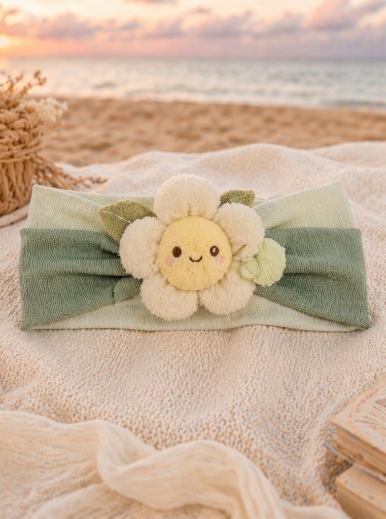 Breites Baby-Stirnband mit lächelnder Blumen-Plüschfigur für geschenkstarke Boutique- und Sommerserien