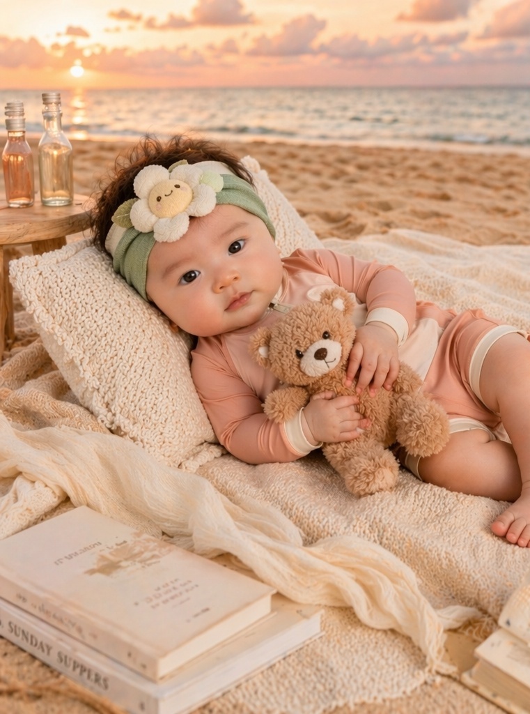 Breites Baby-Stirnband mit lächelnder Blumen-Plüschfigur für geschenkstarke Boutique- und Sommerserien