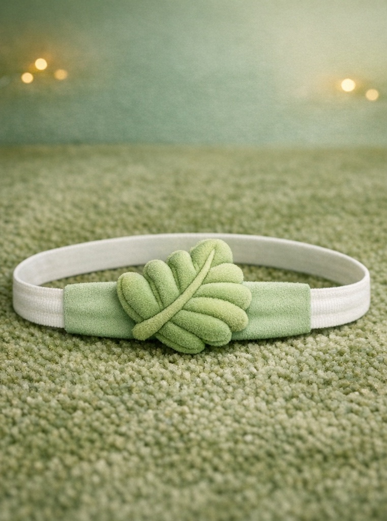 Bentiță baby cu frunză botanică din pluș pentru colecții naturale și prezentare delicată în retail