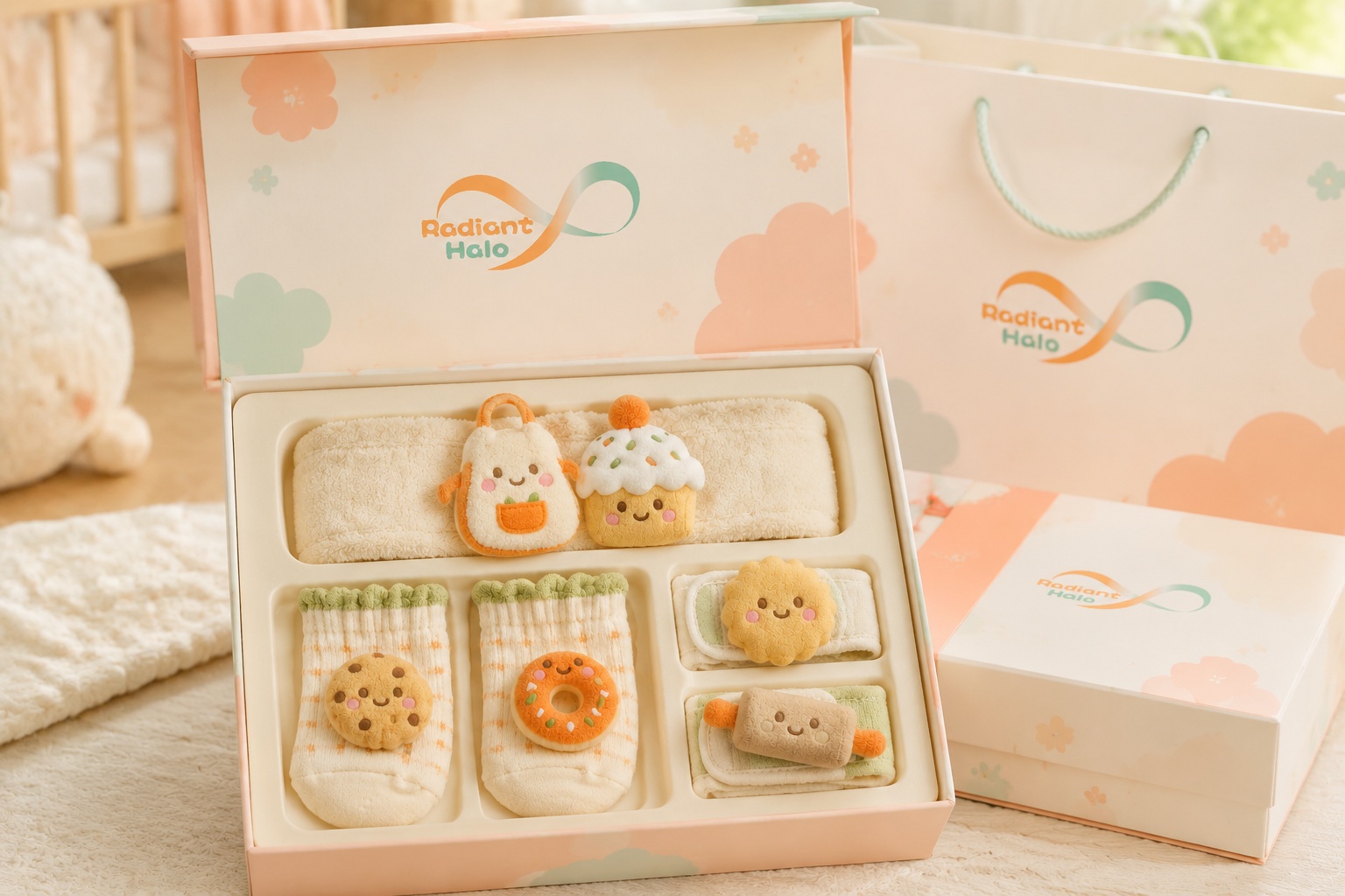 OEM Dessert Theme Baby Plush Doll Headband Socks & Wristband Gift Set for Boutique Brands