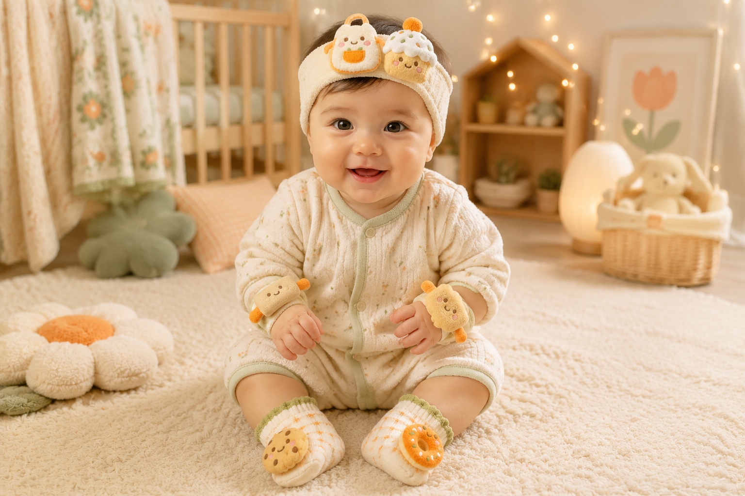 OEM Dessert Theme Baby Plush Doll Headband Socks & Wristband Gift Set for Boutique Brands