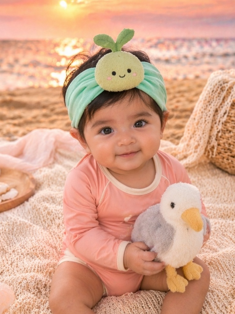 Faixa larga para bebê com boneco brotinho em pelúcia – apelo boutique, conforto e valor B2B