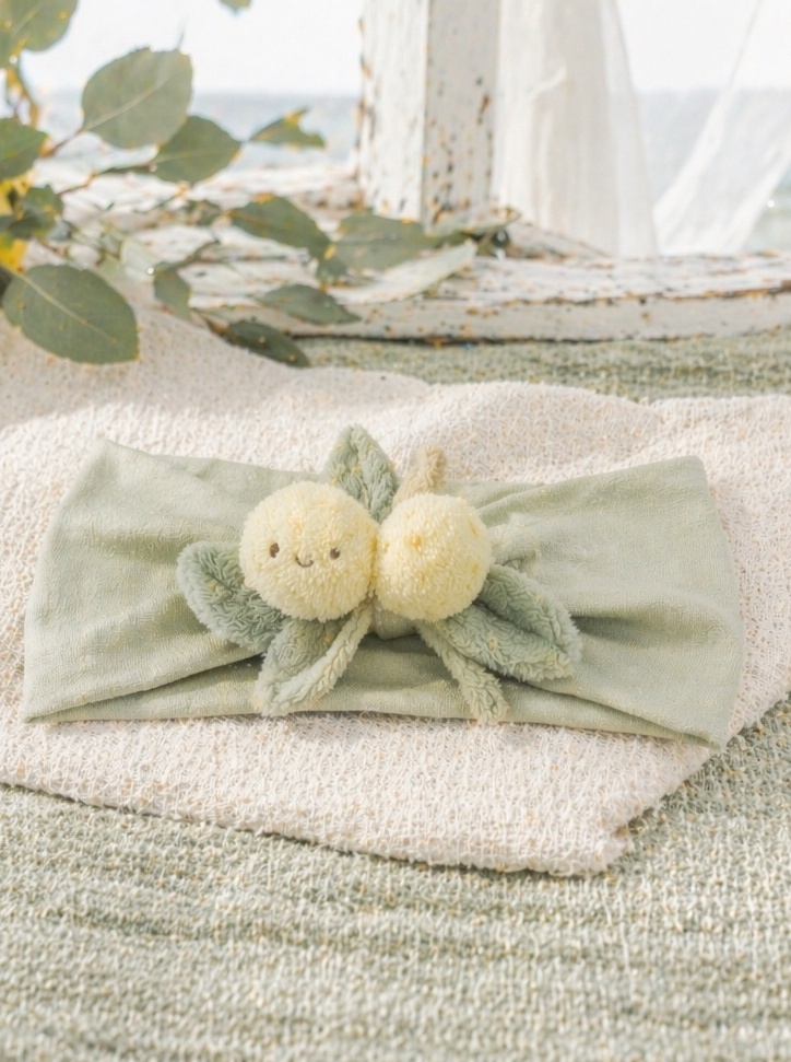 Soft Green Baby Headband with Plush Fruit Doll Accent for Spring Summer Babywear