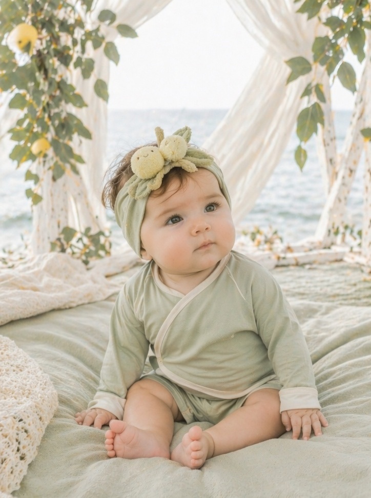 Soft Green Baby Headband with Plush Fruit Doll Accent for Spring Summer Babywear
