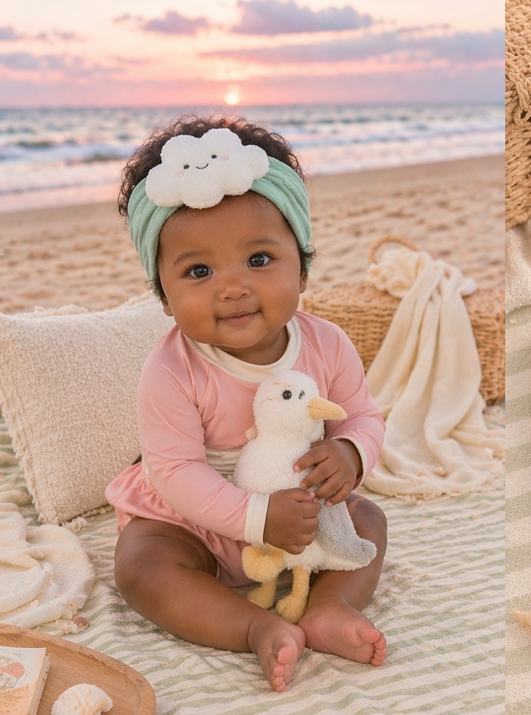 Faixa de bebê com nuvem de pelúcia para linhas presenteáveis e exposição delicada no varejo