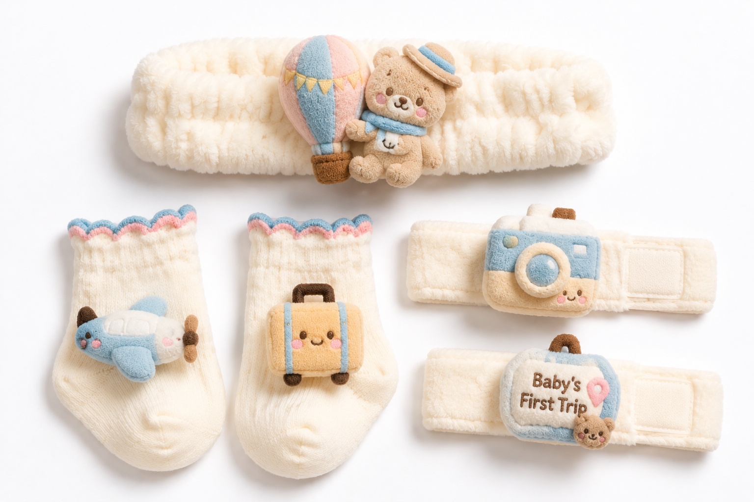 Wholesale Baby’s First Trip Plush Doll Headband Socks & Wristband Gift Set for Baby Boutiques