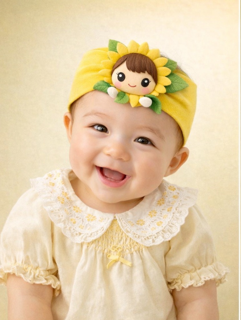 Bandeau bébé peluche tournesol féerique, pensé pour séduire les acheteurs B2B