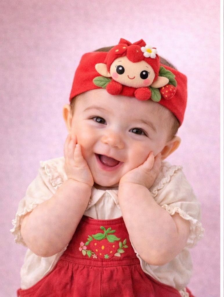 Bandeau bébé peluche fraise féerique, pensé pour séduire les acheteurs B2B
