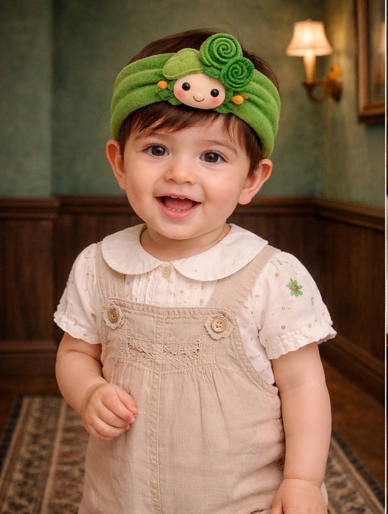 Bandeau bébé peluche fougère spiralée, pensé pour séduire les acheteurs B2B