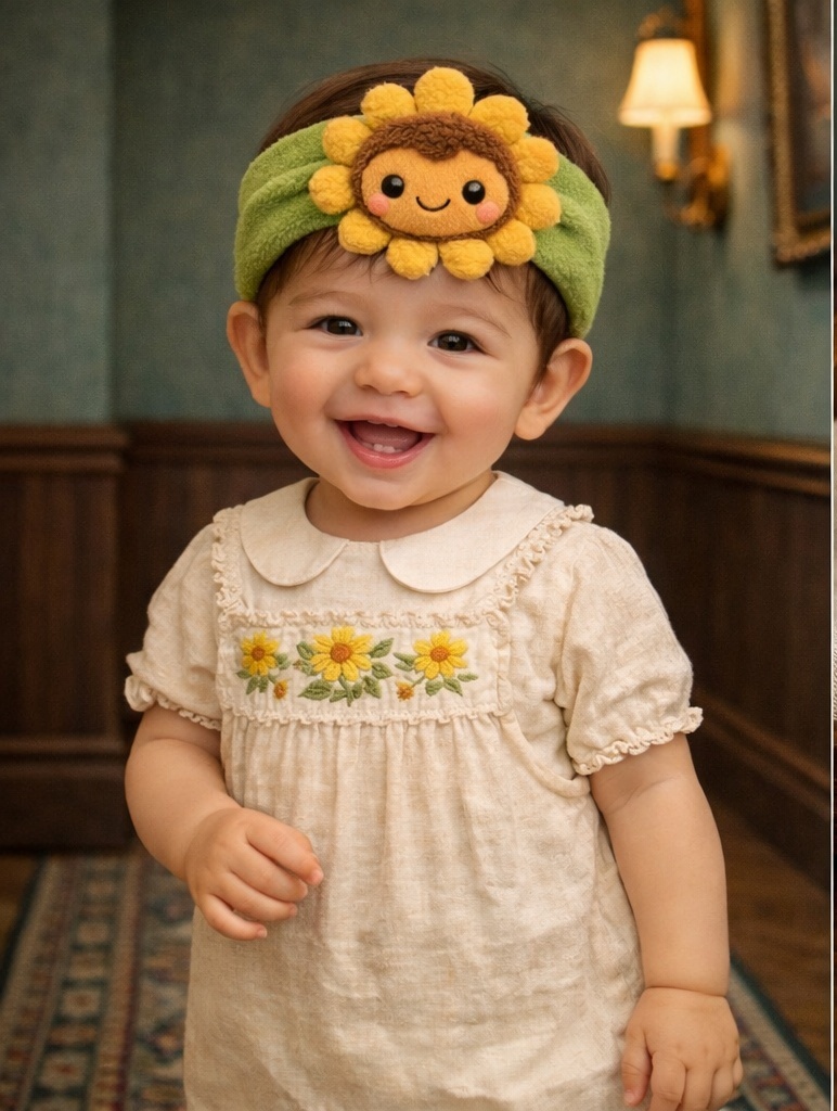 Diadema de bebé con girasol suave, pensada para compradores B2B