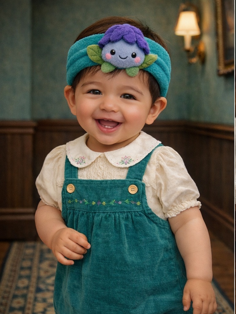 Bandeau bébé peluche fleur violette douce, pensé pour séduire les acheteurs B2B