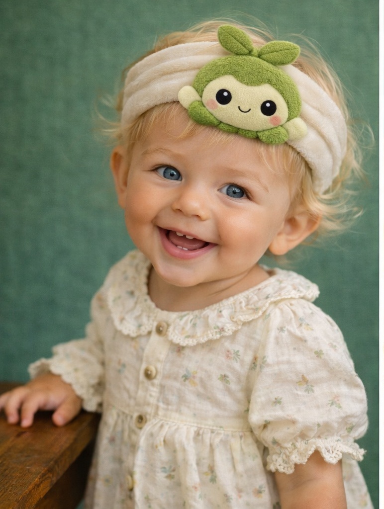Faixa de bebê com boneco verde em pelúcia, ideal para vendas B2B