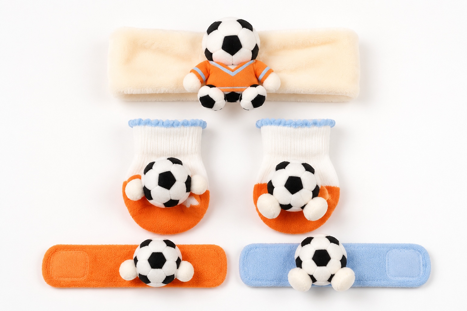 Wholesale 5-Piece Orange & Blue Soccer Baby Gift Set – Plush Headband, Socks and Wrist Rattles for Private Label