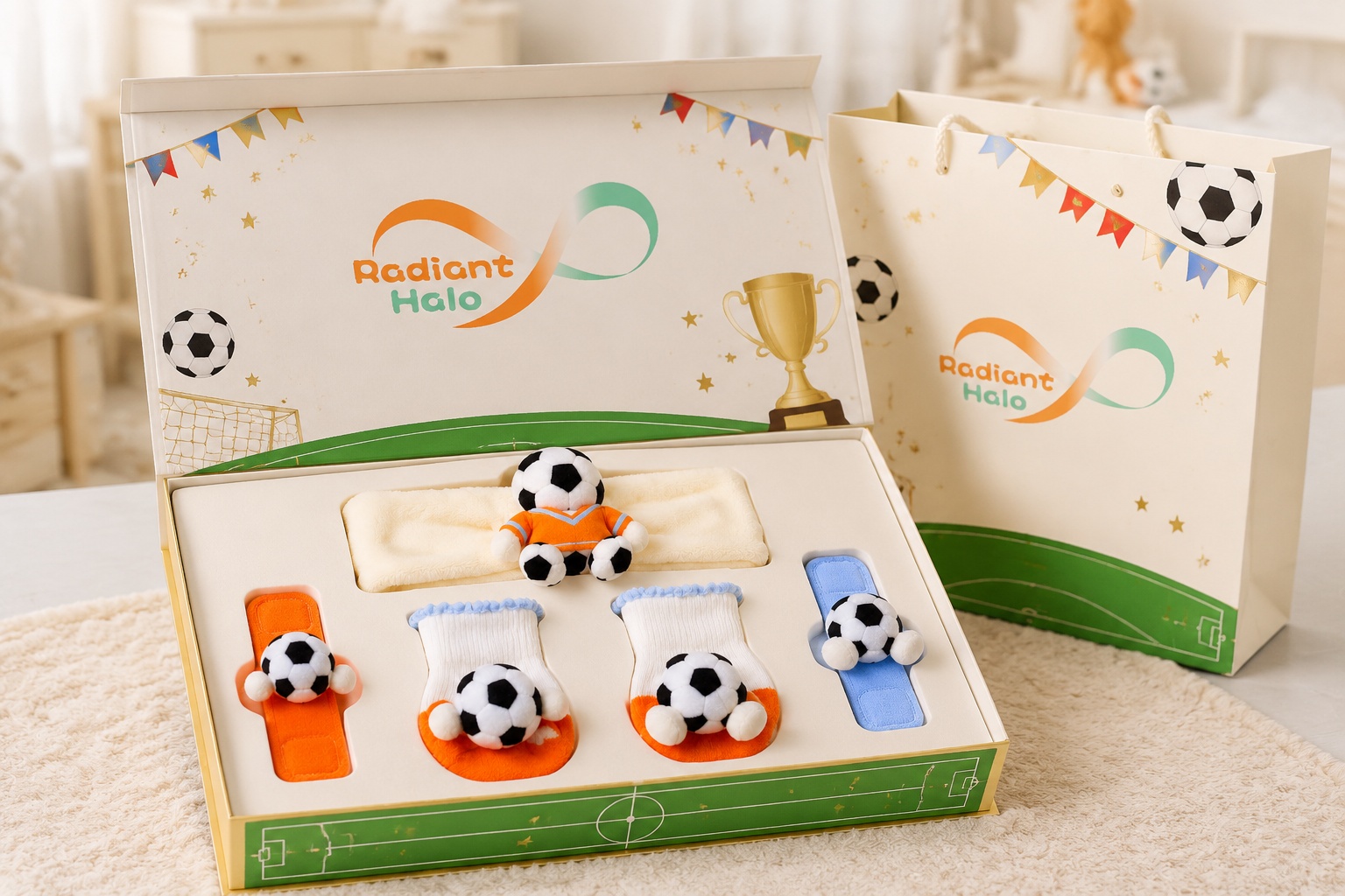 Wholesale 5-Piece Orange & Blue Soccer Baby Gift Set – Plush Headband, Socks and Wrist Rattles for Private Label