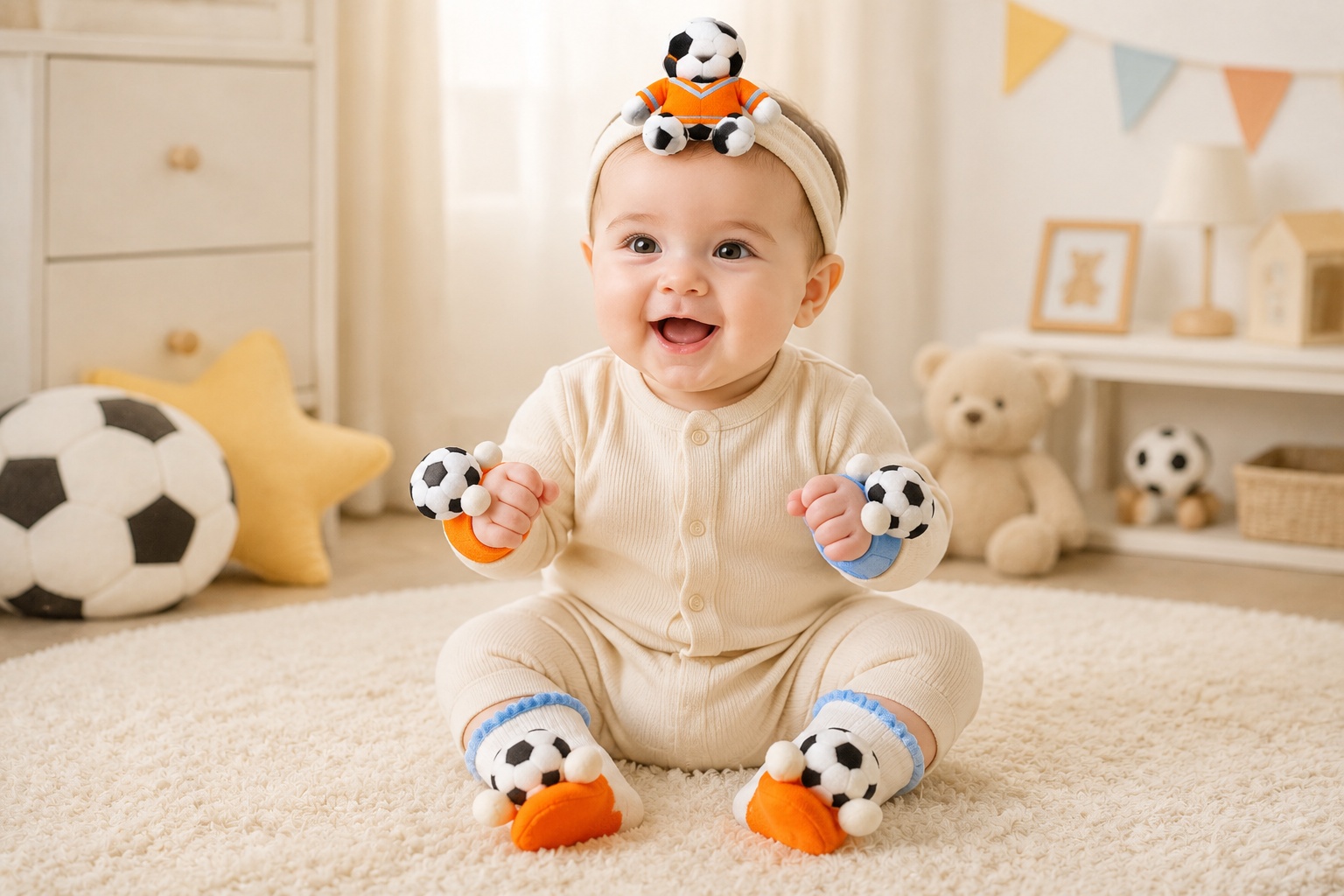 Wholesale 5-Piece Orange & Blue Soccer Baby Gift Set – Plush Headband, Socks and Wrist Rattles for Private Label