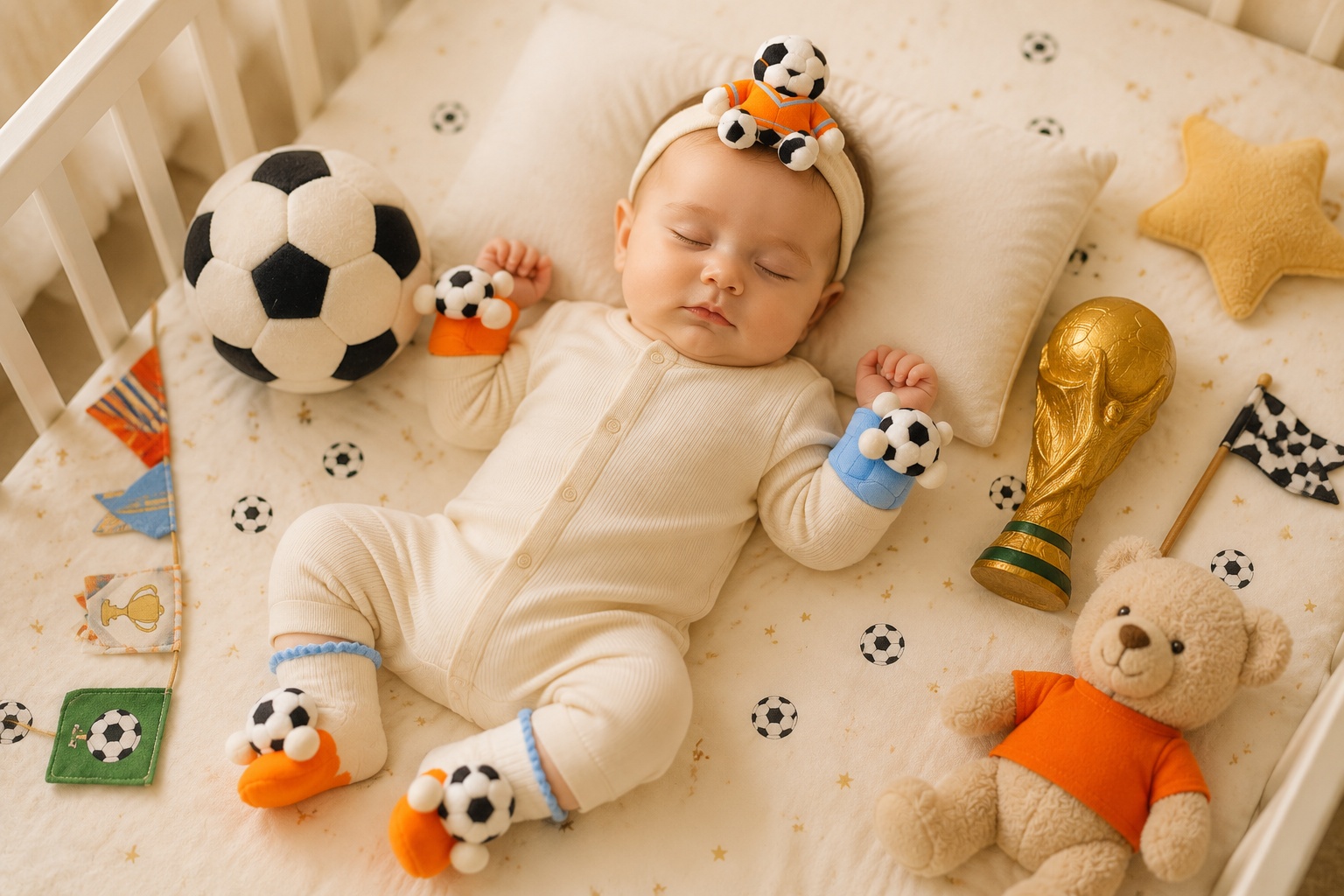 Wholesale 5-Piece Orange & Blue Soccer Baby Gift Set – Plush Headband, Socks and Wrist Rattles for Private Label