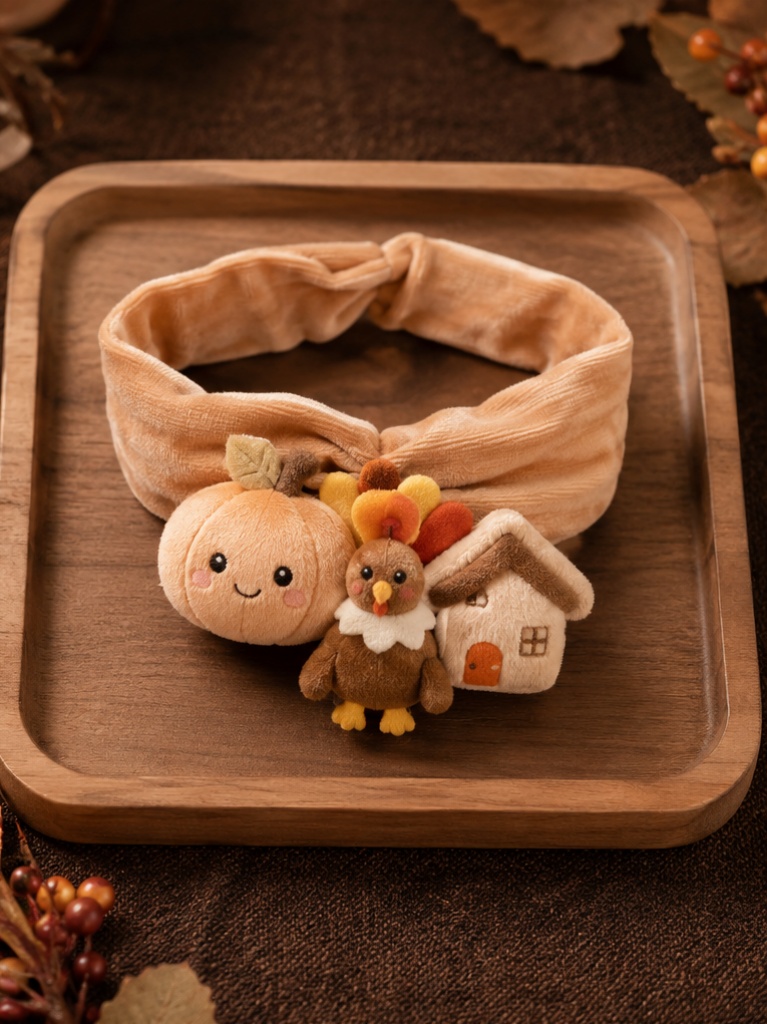 Diadema de Peluche para Bebé con Calabaza y Pavo – Diseño Estacional para Mayoristas y Boutiques