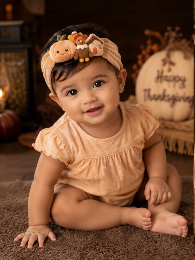 Diadema de Peluche para Bebé con Calabaza y Pavo – Diseño Estacional para Mayoristas y Boutiques