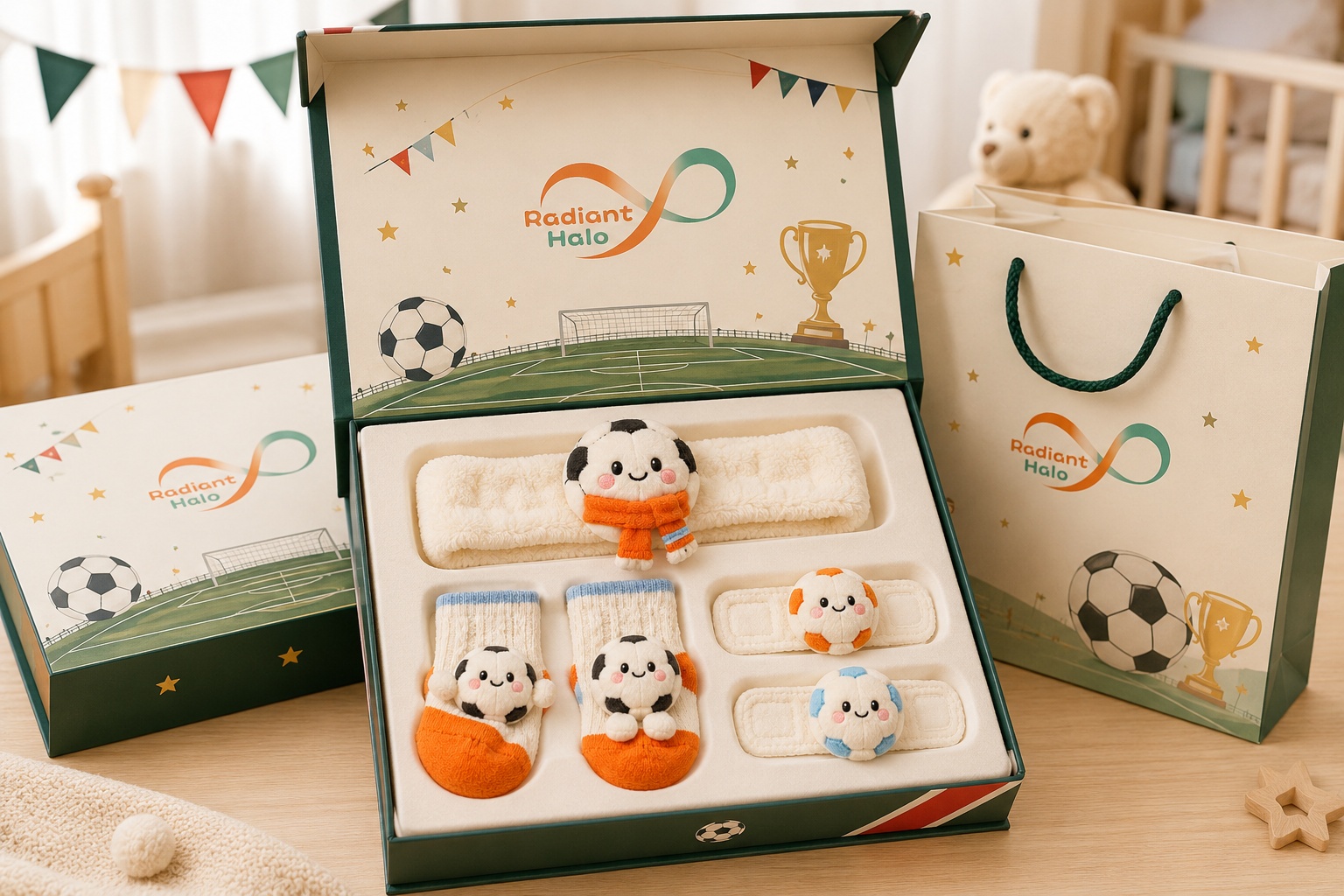 Wholesale Orange Soccer Baby Gift Set with Plush Football Headband, Socks and Wrist Rattles