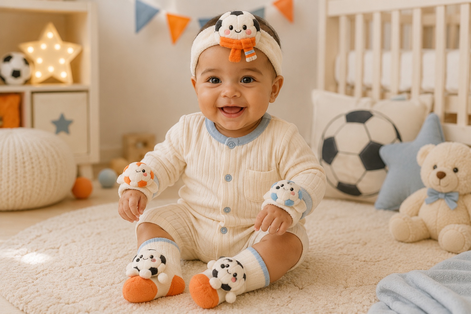 Wholesale Orange Soccer Baby Gift Set with Plush Football Headband, Socks and Wrist Rattles