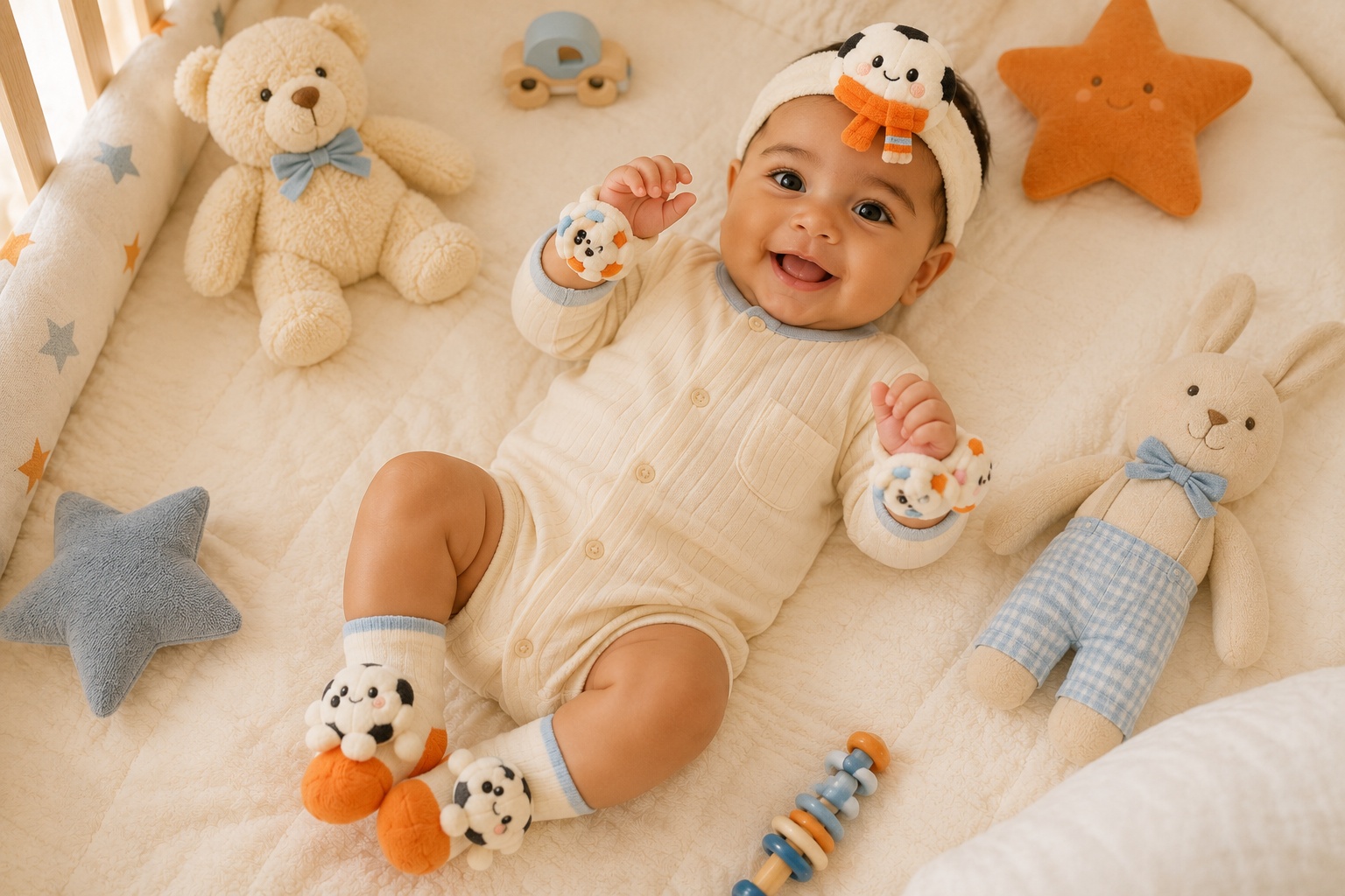 Wholesale Orange Soccer Baby Gift Set with Plush Football Headband, Socks and Wrist Rattles