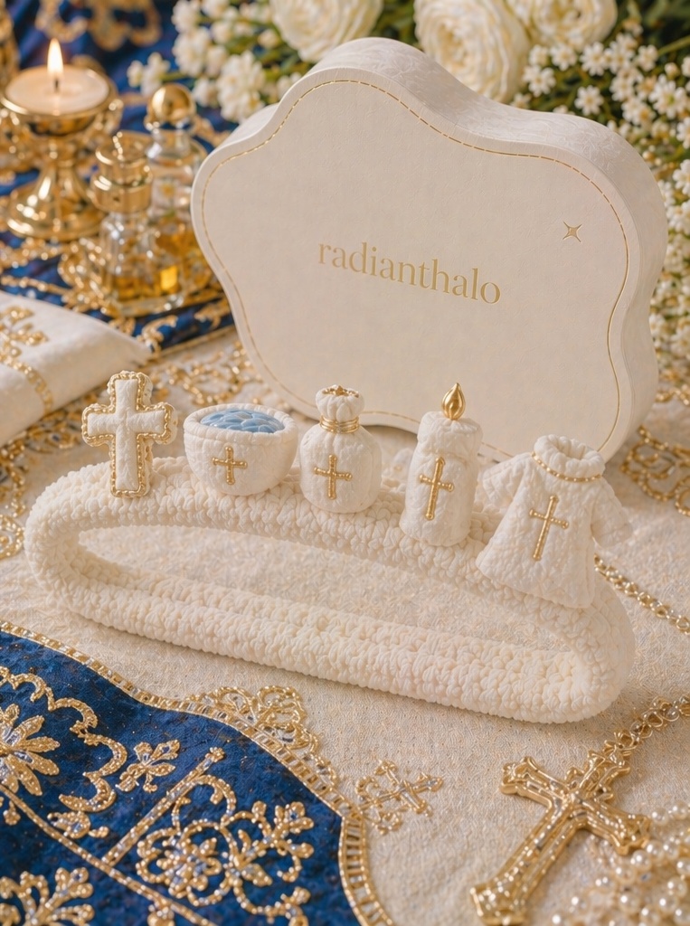 Wholesale Orthodox Baby Baptism Detachable Doll Headband with Gold Cross, Chalice, Candle and Robe Appliques