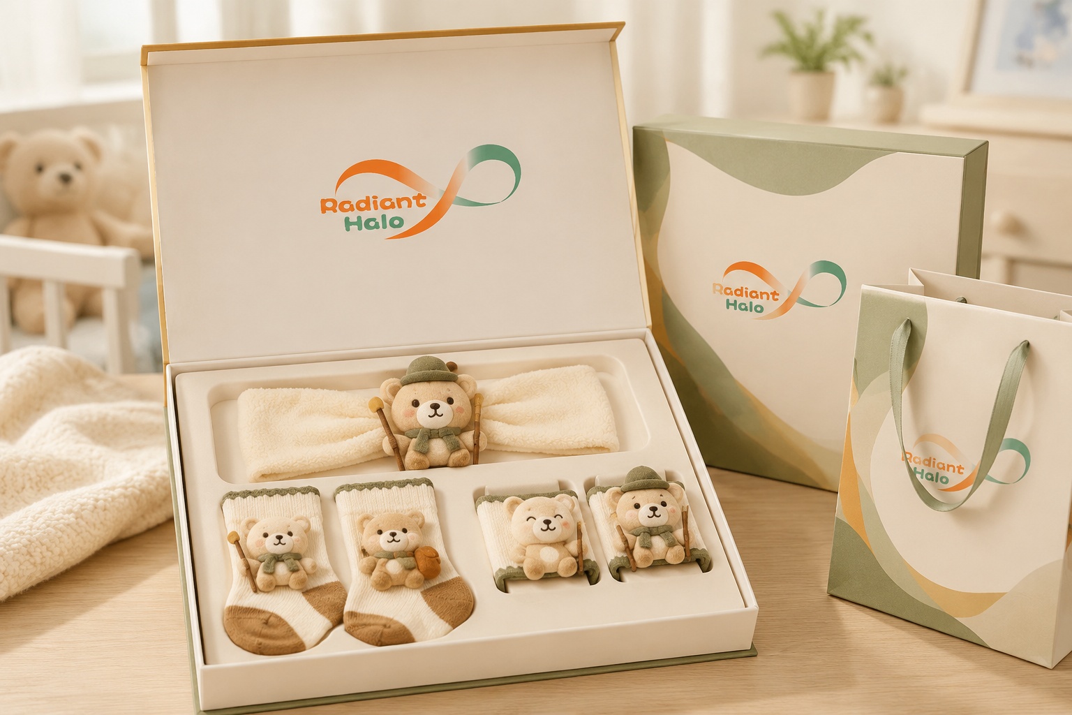 Wholesale Hiking Bear Baby Gift Set – Plush Character Headband, Socks & Wristbands | Boutique Private Label