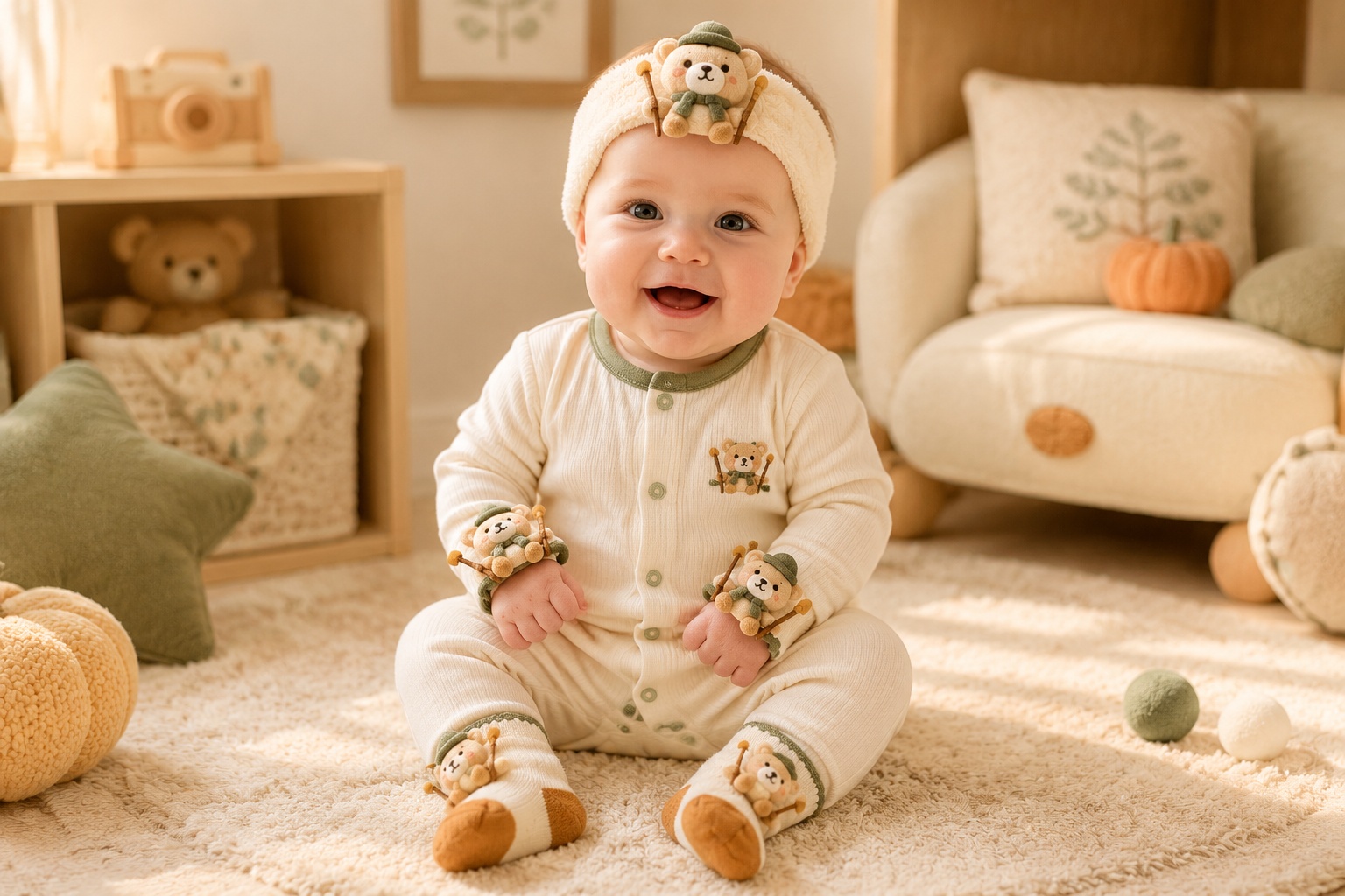 Wholesale Hiking Bear Baby Gift Set – Plush Character Headband, Socks & Wristbands | Boutique Private Label