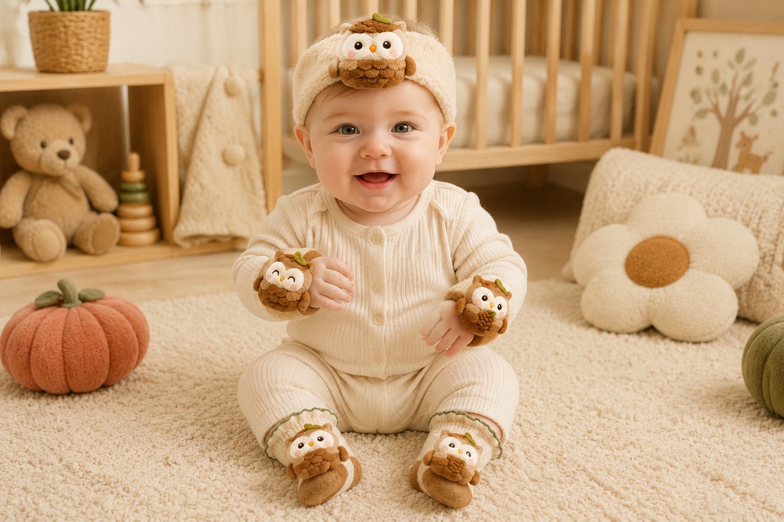 Wholesale Woodland Owl Baby Gift Set – Plush Doll Headband, Socks & Soft Wristbands | Customizable Baby Boutique Set