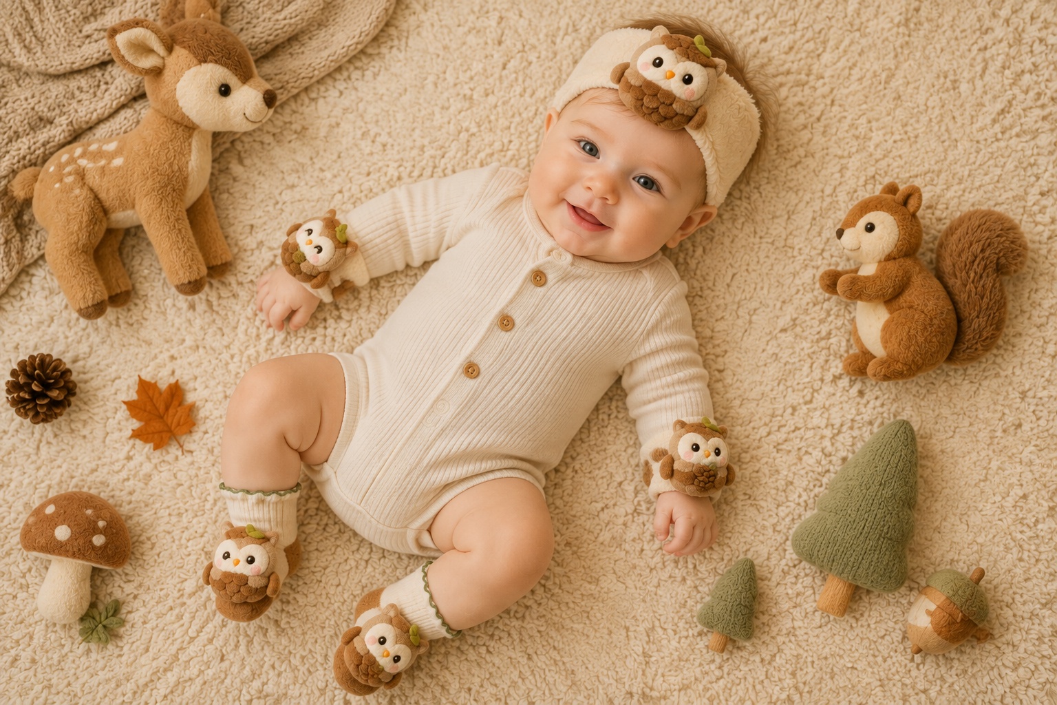 Wholesale Woodland Owl Baby Gift Set – Plush Doll Headband, Socks & Soft Wristbands | Customizable Baby Boutique Set
