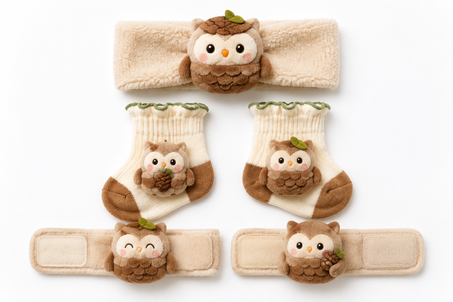 Wholesale Woodland Owl Baby Gift Set – Plush Doll Headband, Socks & Soft Wristbands | Customizable Baby Boutique Set