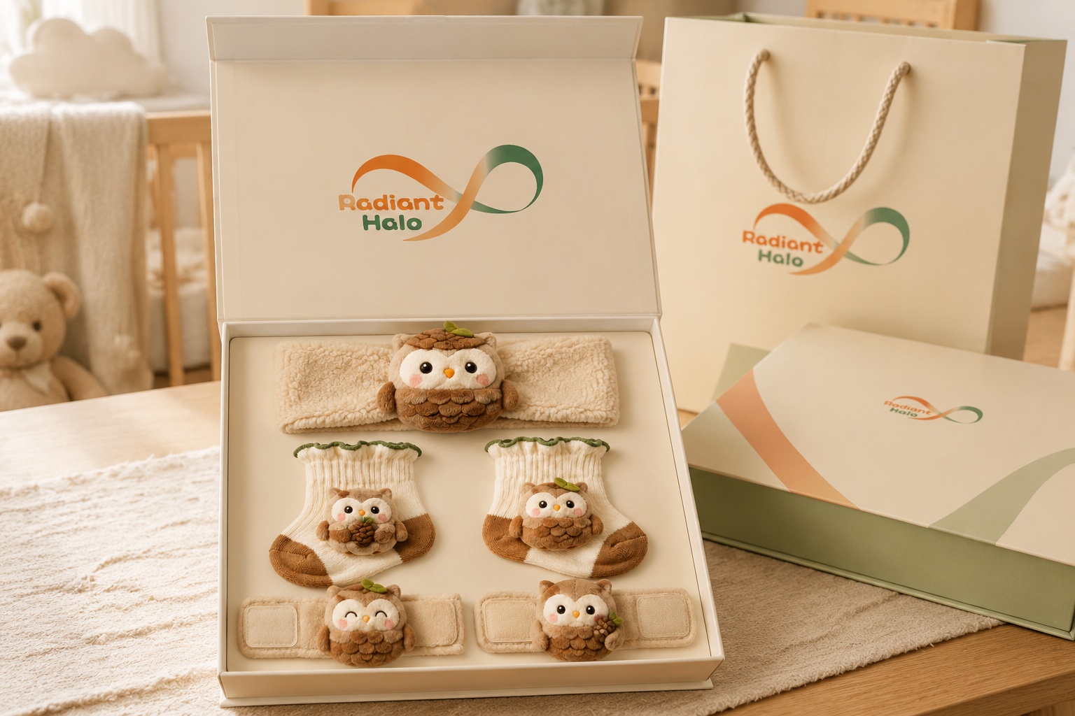 Wholesale Woodland Owl Baby Gift Set – Plush Doll Headband, Socks & Soft Wristbands | Customizable Baby Boutique Set