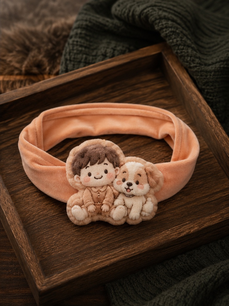 Wholesale Peach Baby Plush Doll Headband for Boutiques | Removable Boy & Puppy Design