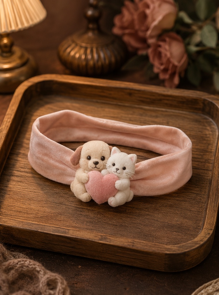OEM Plush Baby Headband with Detachable Puppy & Kitten Heart Charm for Boutique Wholesale