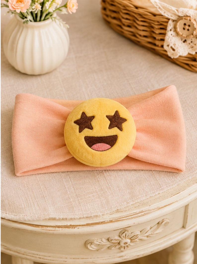 Diadema de peluche para bebé al por mayor OEM con muñeco emoji de ojos de estrella desmontable — accesorio suave para boutiques infantiles