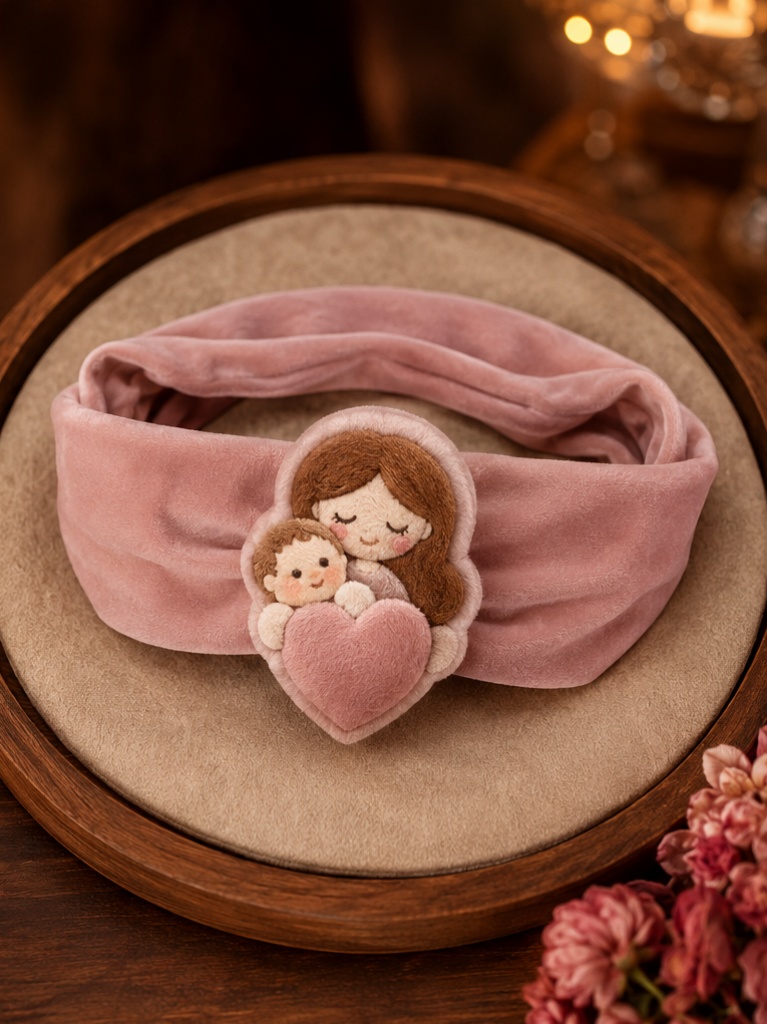 Wholesale Pink Plush Baby Doll Headband with Mother & Baby Heart Decoration – Soft Boutique Photo Gift Accessory