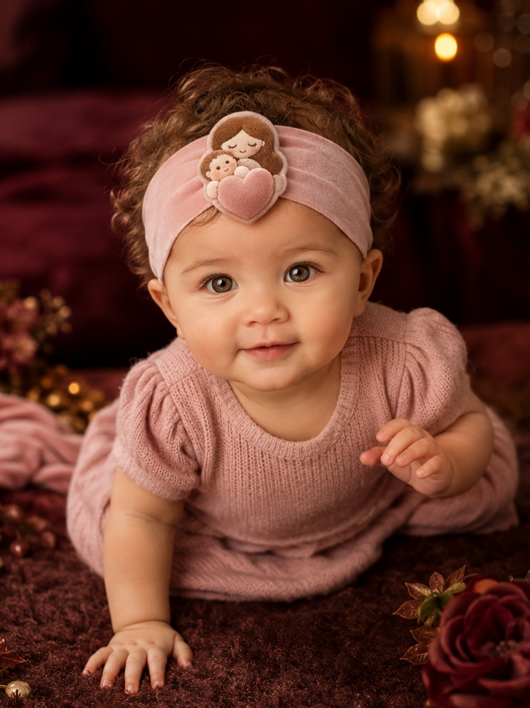 Wholesale Pink Plush Baby Doll Headband with Mother & Baby Heart Decoration – Soft Boutique Photo Gift Accessory